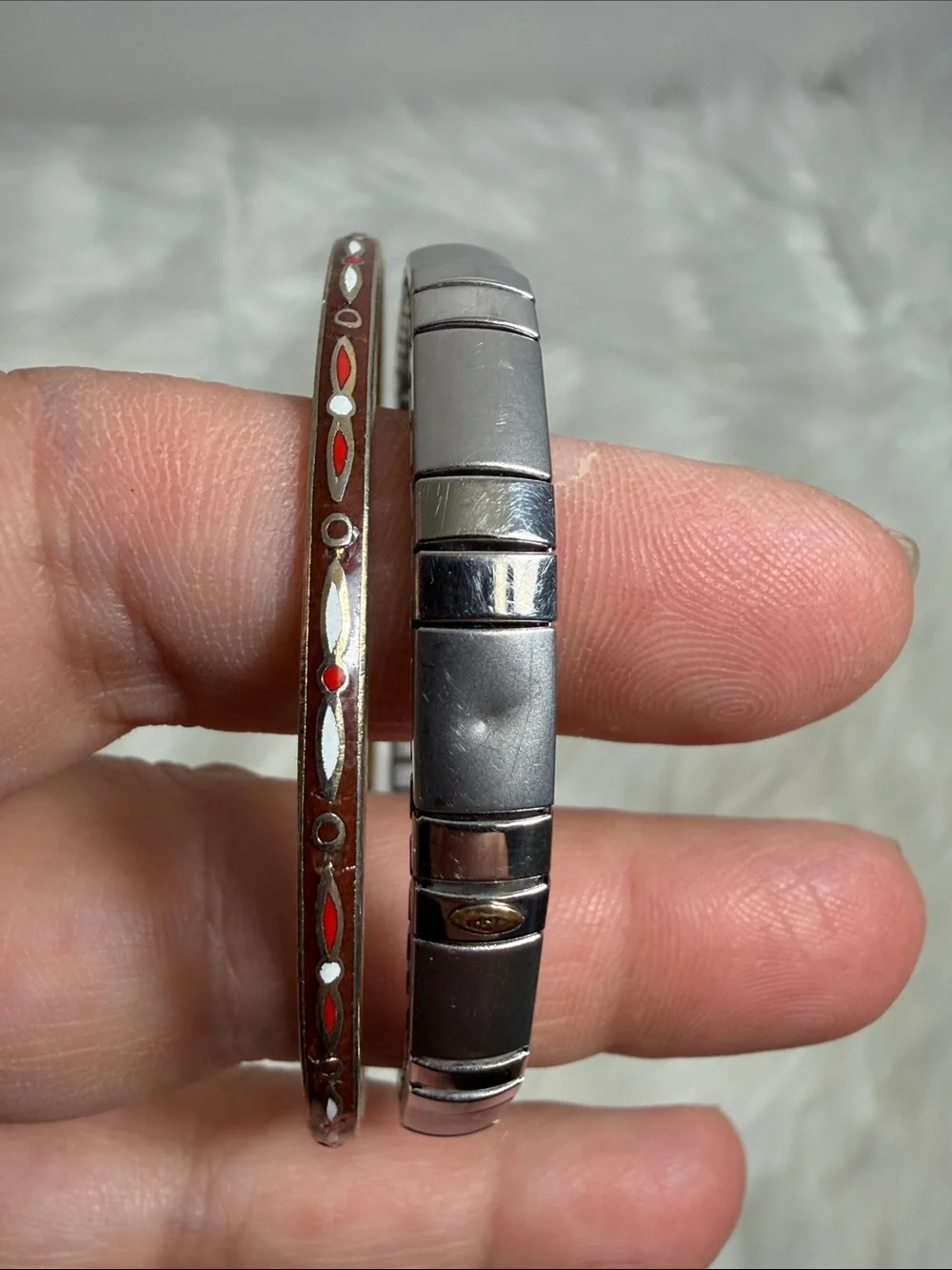 Set of 2 Silver Bracelets with Red Accent